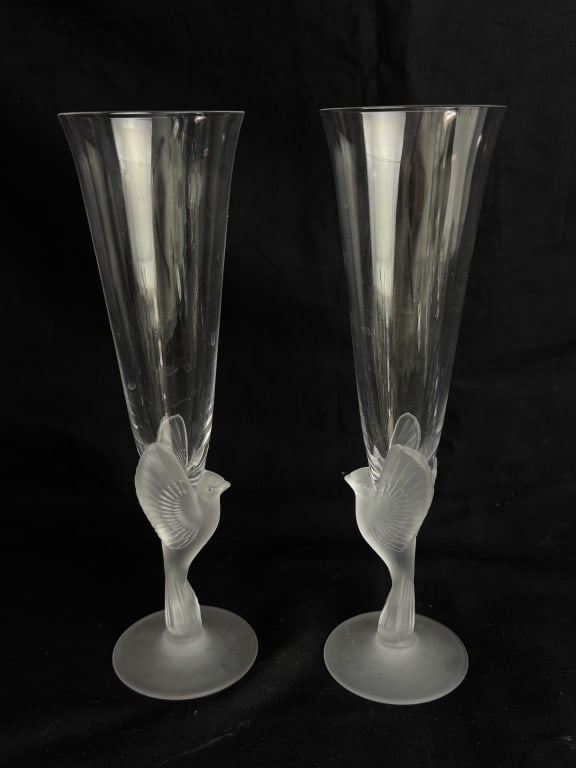 Pr. of Vintage Sasaiki Wings Crystal Champagne Flu: Pr. of Vintage Sasaiki Wings Crystal Champagne Flutes, 9.25in by 2.75in