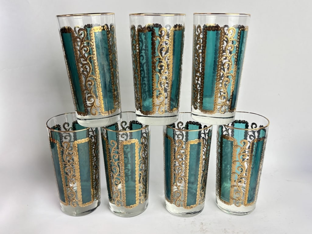 Vintage Libbey Imperial Gold Filigree Emerald Gree: Vintage Libbey Imperial Gold Filigree Emerald Green Highball Glasses, 5.5in by 2.75in