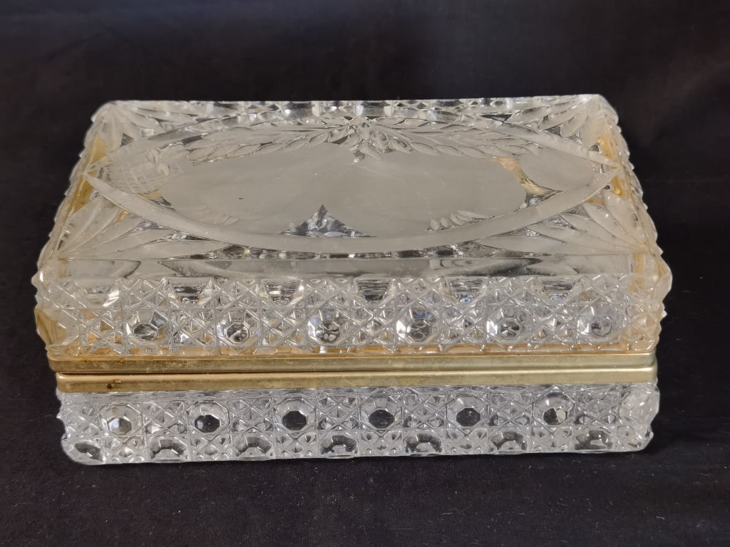Antique French Rectangular Cut Crystal Jewelry Box: Antique French Rectangular Cut Crystal Jewelry Box, 7in by 4.5in by 3in