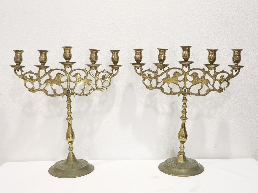 Pr. of Vintage Judaica Style Brass Lion Menorah: Pr. of Vintage Judaica Style Brass Lion Menorah, 17in by 14.5in by 6in