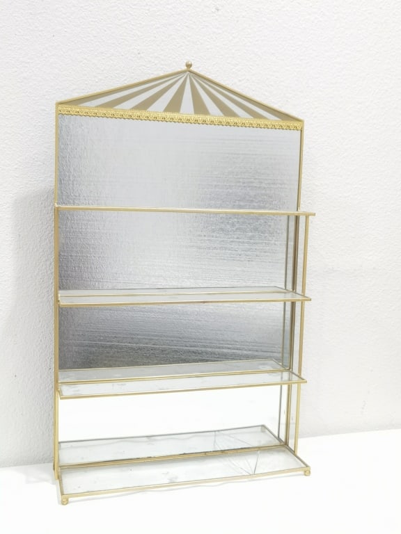 Vintage Brass & Mirrored Display Shelf Unit: Vintage Brass & Mirrored Display Shelf Unit, 23in by 14in by 4in