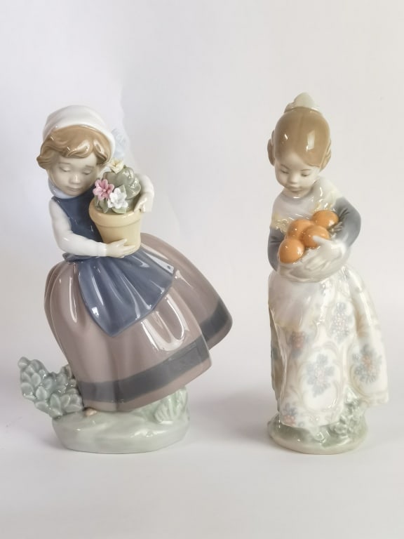 (2) Lladro Spain Porcelain Girl Figurines: (2) Lladro Spain Porcelain Girl Figurines, 7in, Chipped/Repaired