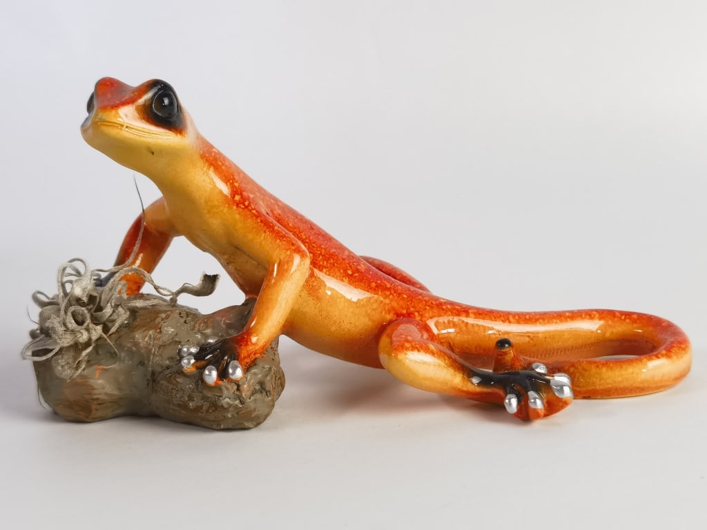 Polychrome Glazed Salamander Figurine: Polychrome Glazed Salamander Figurine, 5.25in by 3in by 3in