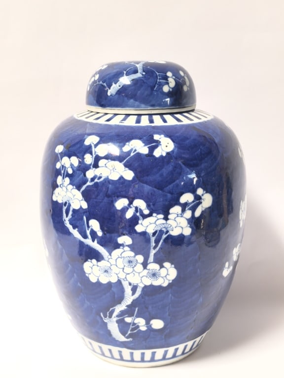 Chinese Porcelain B&W Plum Jar: Chinese Porcelain B&W Plum Jar, 12in by 8in