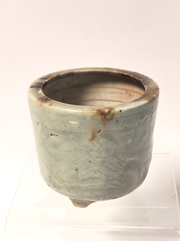 Ming Chinese Porcelain Relief Carved Longquan Cens: Ming Chinese Porcelain Relief Carved Longquan Censer, 3in by 2.75in