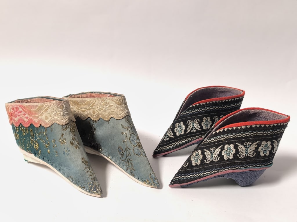 (2) 19-20th C. Chinese Embroidered Three-Inch Lotu: (2) 19-20th C. Chinese Embroidered Three-Inch Lotus Shoes, 5.5in