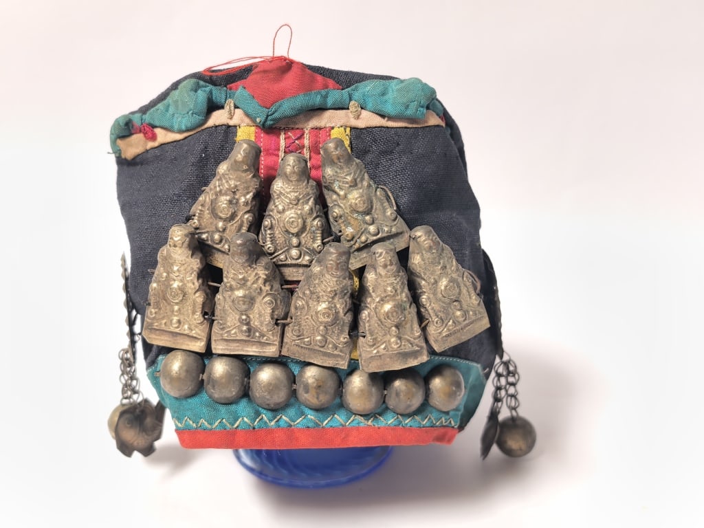 Qing Chinese Embroidered Hat with Silver Decors: Qing Chinese Embroidered Hat with Silver Decors, 7in by 5in