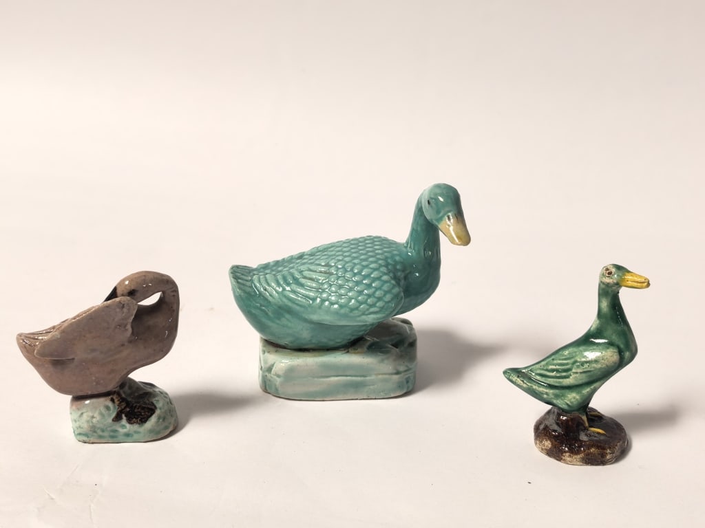 (3) Qing Chinese Porcelain Glazed Duck Figurines: (3) Qing Chinese Porcelain Glazed Duck Figurines, 2 5/8in by 2.75in
