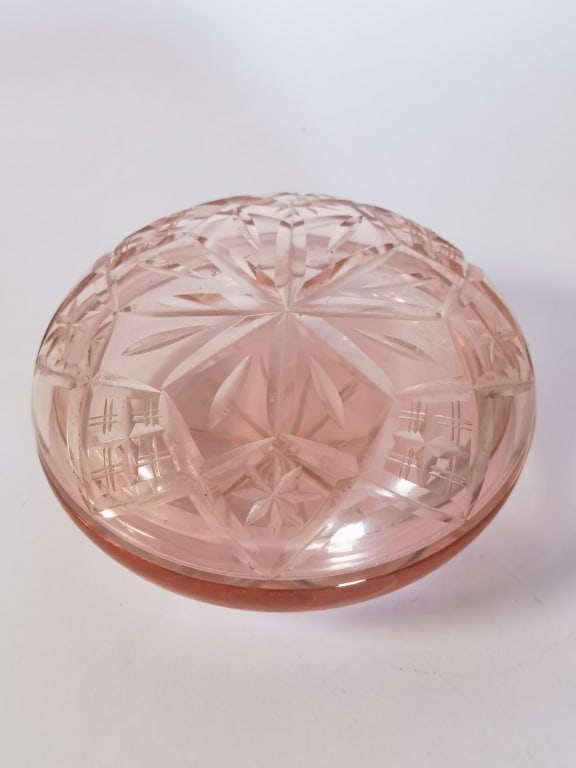 Vintage Pink Cut Crystal Powder Jar: Vintage Pink Cut Crystal Powder Jar, 4in
