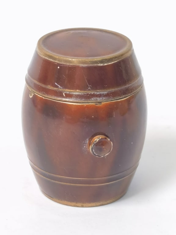 Antique Enamel over Bronze Cigarette Ash Barrel: Antique Enamel over Bronze Cigarette Ash Barrel, 2.5in by 1.5in