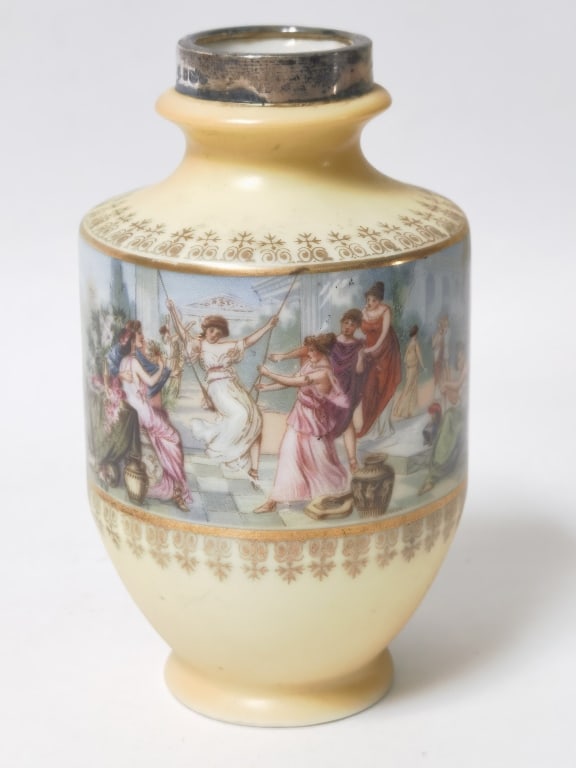 Antique Gilt Porcelain Silver Rim Small Vase: Antique Gilt Porcelain Silver Rim Small Vase, 4.5in