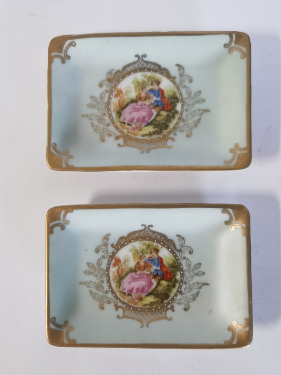 Pr. of Lsco Porcelain Courting Couple Pin Dishes: Pr. of Lsco Porcelain Courting Couple Pin Dishes, 4in by 2.75in