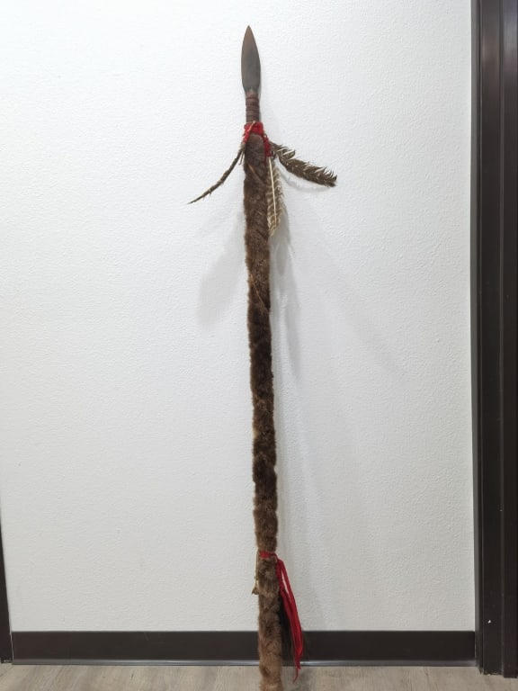 Tribal Ceremonial Fur-Wrapped Staff Spear: Tribal Ceremonial Fur-Wrapped Staff Spear, 71in
