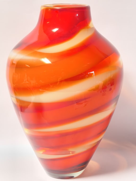 Murano Italy Swirled Red & Amber Cased Art Glass V: Murano Italy Swirled Red & Amber Cased Art Glass Vase, 17in by 11in