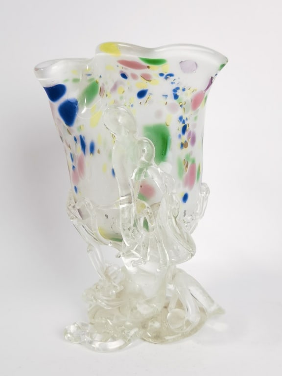 Vintage Murano Italy Splatter Art Glass Freeform V: Vintage Murano Italy Splatter Art Glass Freeform Vase, 8.5in