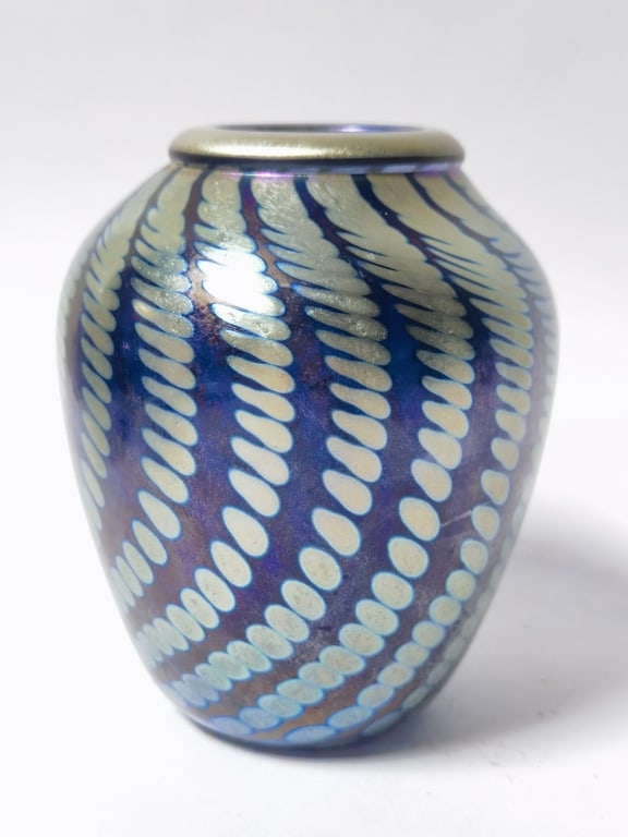 1980 Correia Iridescent Pulled Dots Art Glass Vase: 1980 Correia Iridescent Pulled Dots Art Glass Vase, 6 3/8in by 5.25in