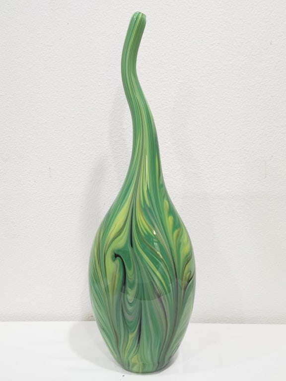 Large Murano Italy Green Swirl Glass Long-Neck Vas: Large Murano Italy Green Swirl Glass Long-Neck Vase, 24in by 7in