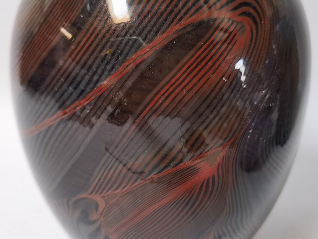 Signed Threaded Feather-Pattern Amber Torpedo Vase - 5