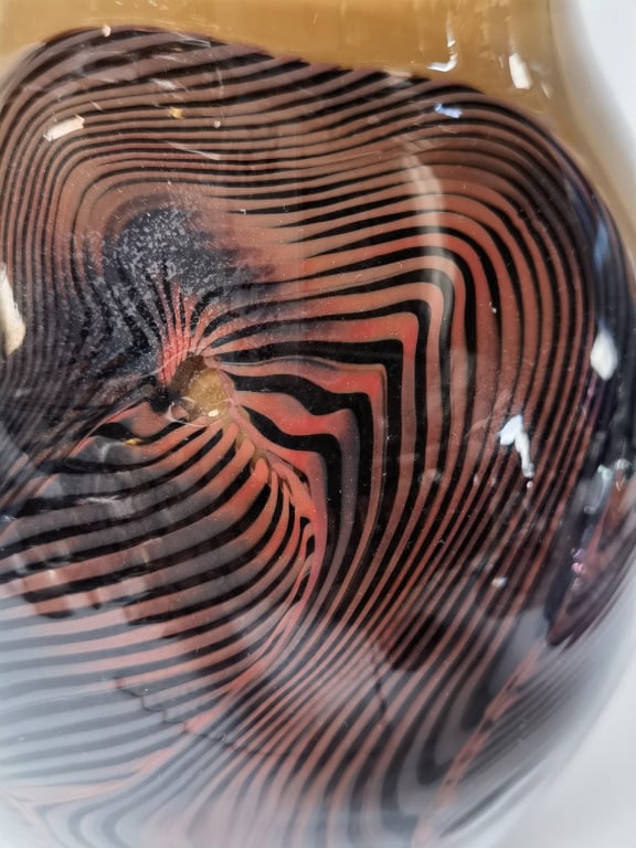 Signed Threaded Feather-Pattern Amber Torpedo Vase - 6