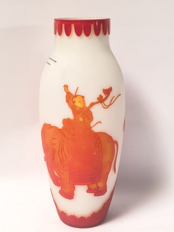 Vintage Galle Style Chinoiserie Glass Vase: Vintage Galle Style Chinoiserie Glass Vase, 13.75in by 5.5in