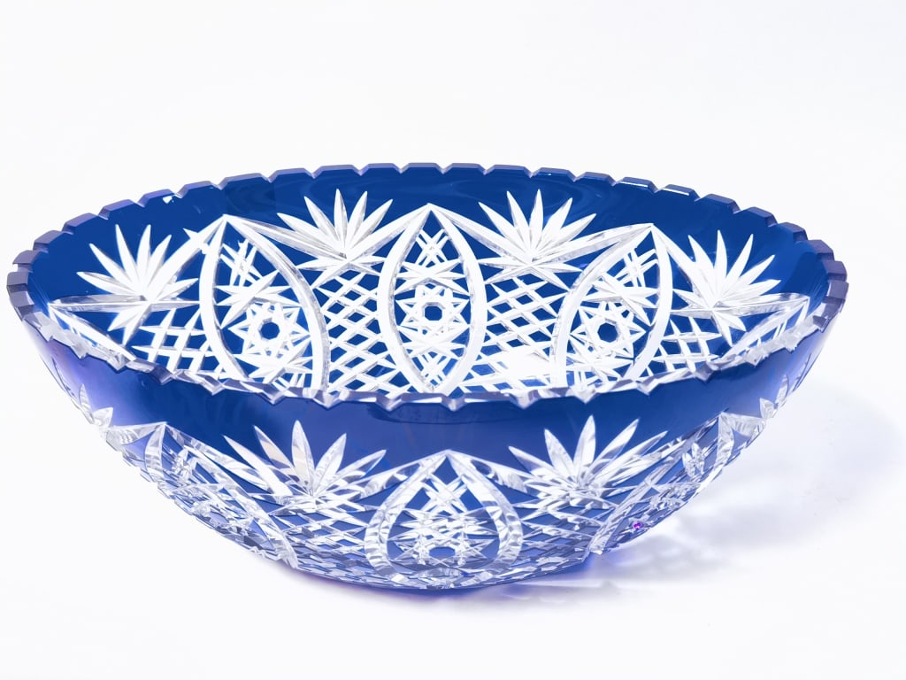 Bohemian Cobalt Blue Cut-to-Clear Crystal Bowl: Bohemian Cobalt Blue Cut-to-Clear Crystal Bowl, 11.75in by 7.5in by 4.5in