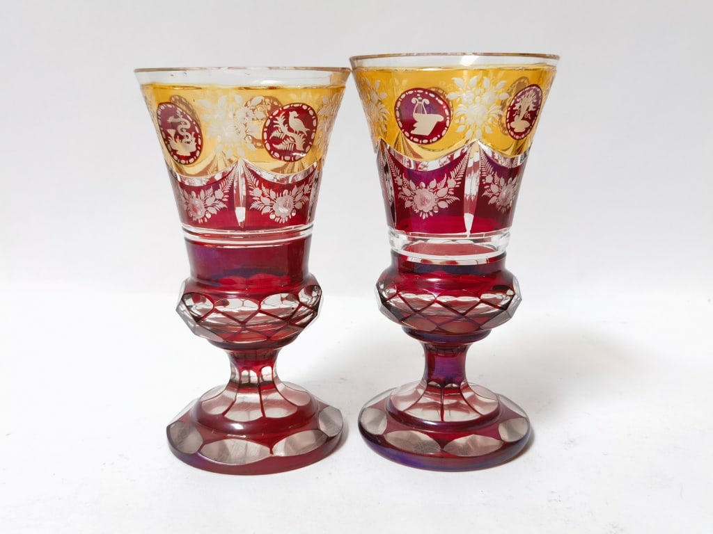 (2) Antique Bohemian Amber/Ruby Flashed Glass Gobl: (2) Antique Bohemian Amber/Ruby Flashed Glass Goblets, 6 5/8in & 6.75in