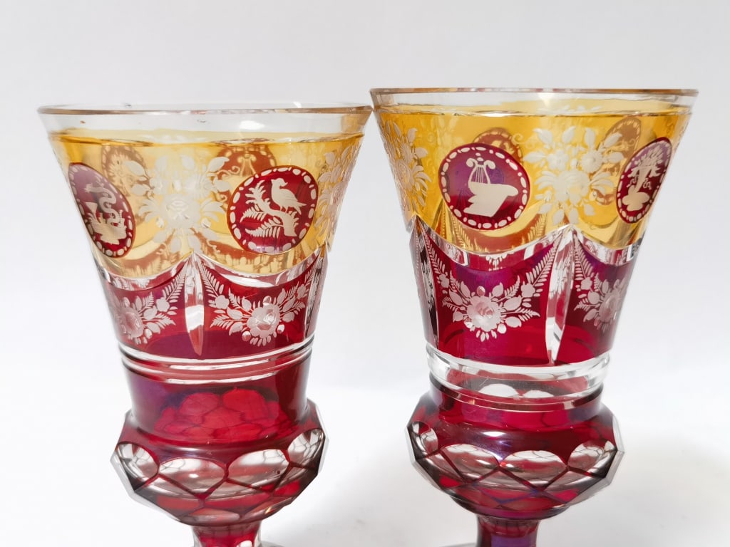 (2) Antique Bohemian Amber/Ruby Flashed Glass Gobl - 2