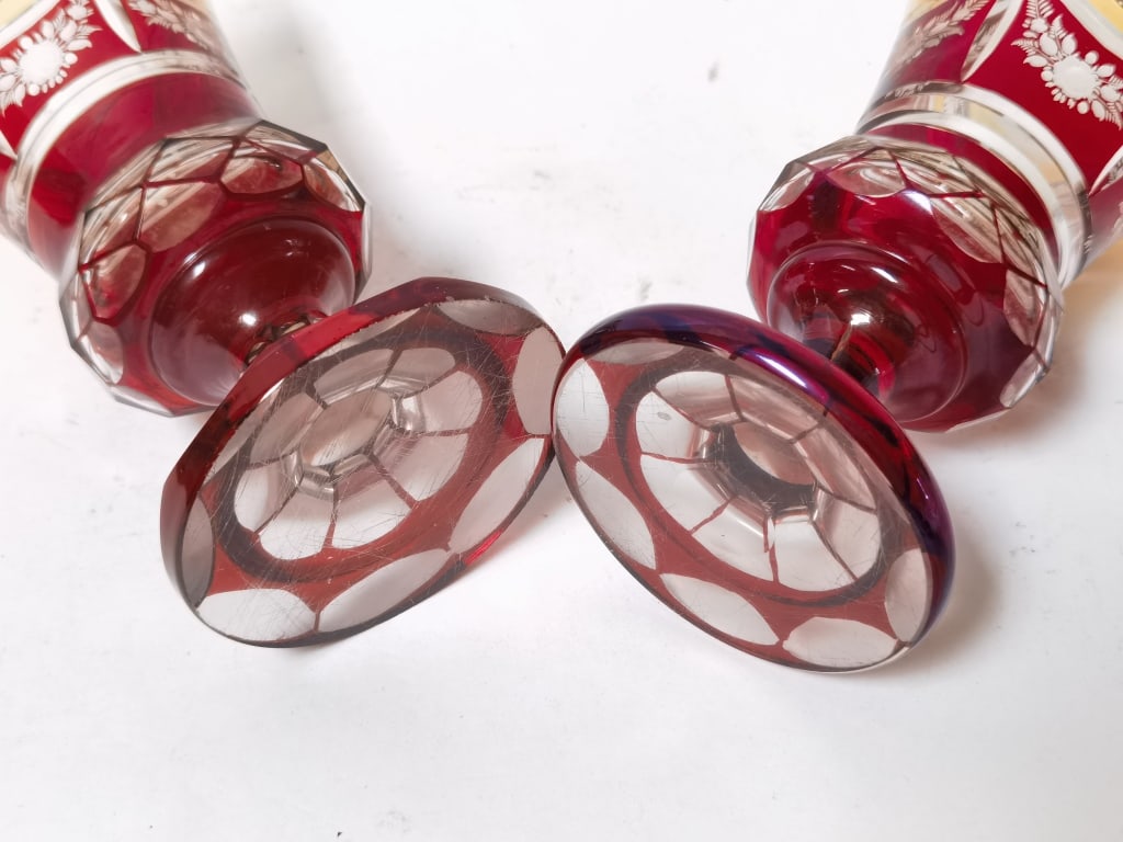 (2) Antique Bohemian Amber/Ruby Flashed Glass Gobl - 5