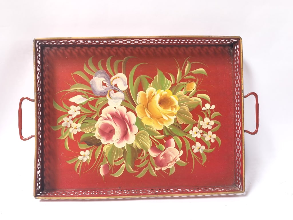 Vintage Hand-Painted Floral Folk Art Metal Serving: Vintage Hand-Painted Floral Folk Art Metal Serving, 18.5in by 12in by 2in