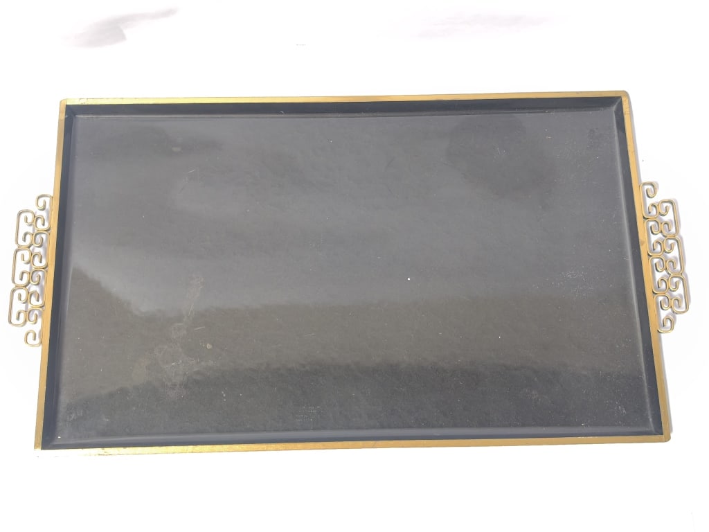 Mid-Century Black & Gold Serving Tray: Mid-Century Black & Gold Serving Tray, 21.25in by 11.75in by 0.75in