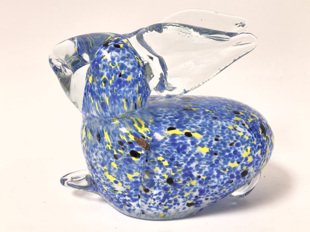 Murano Italy Blue Speckled Glass Rabbit: Murano Italy Blue Speckled Glass Rabbit, 5.75in by 5.5in by 3in