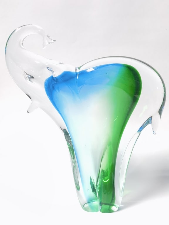 Vintage Murano Italy Blue/Green Art Glass Elephant: Vintage Murano Italy Blue/Green Art Glass Elephant, 9.75in by 8in