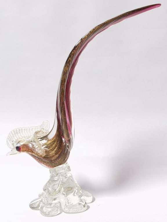 Large Vintage Murano Italy Glitter Cranberry Art G: Large Vintage Murano Italy Glitter Cranberry Art Glass Pheasant, 11.25in by 10in