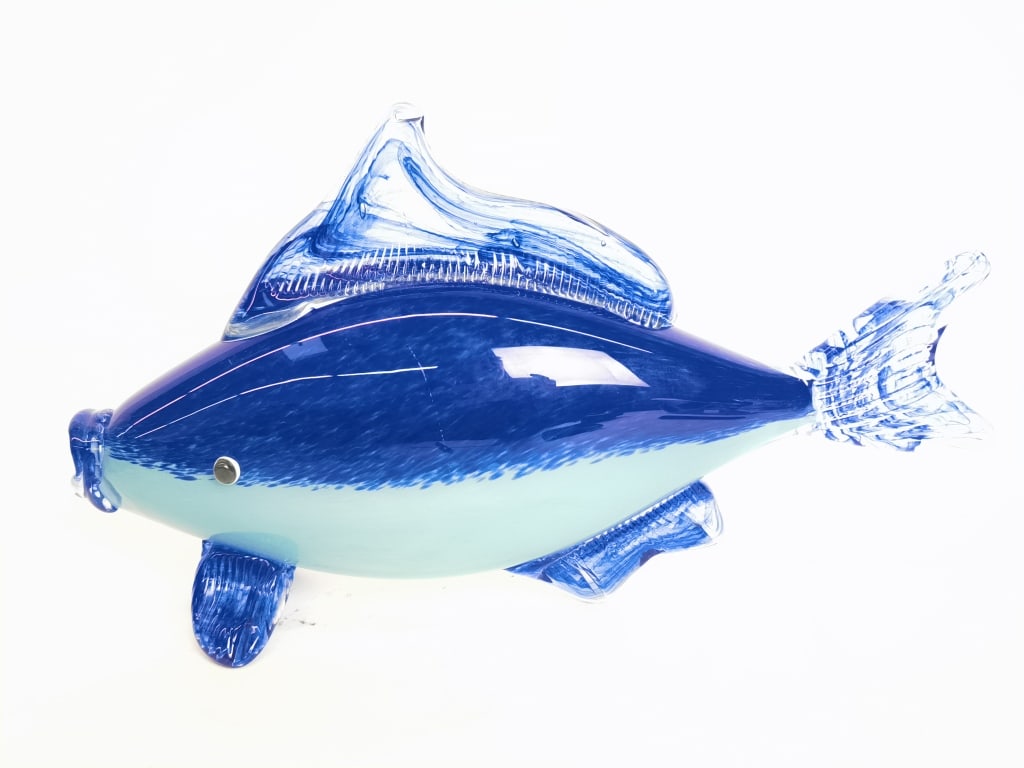 Vintage Murano Italy Blue Art Glass Fish: Vintage Murano Italy Blue Art Glass Fish, 13.5in by 7.75in