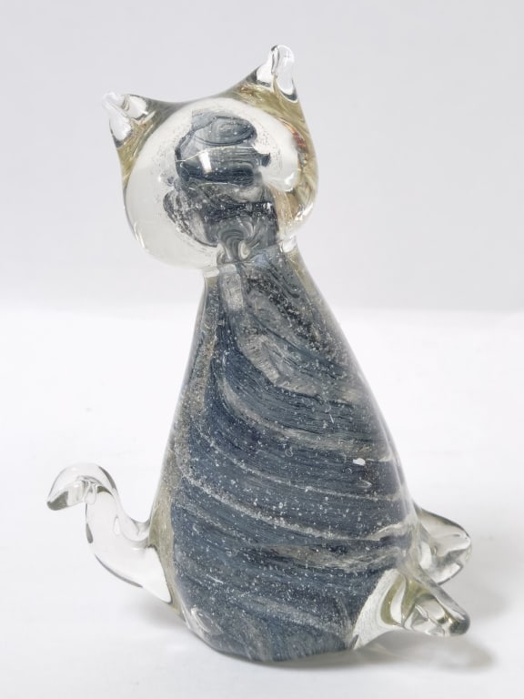 Vintage Murano Italy Gray Swirl Art Glass Cat: Vintage Murano Italy Gray Swirl Art Glass Cat, 4.5in