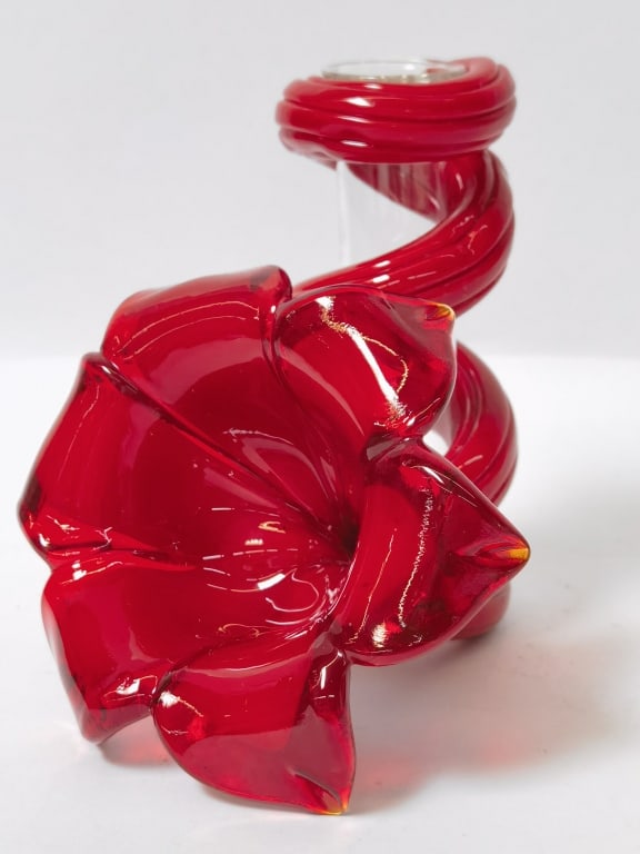 Red Art Glass Flower Candle Holder: Red Art Glass Flower Candle Holder, 4in by 4in by 4in