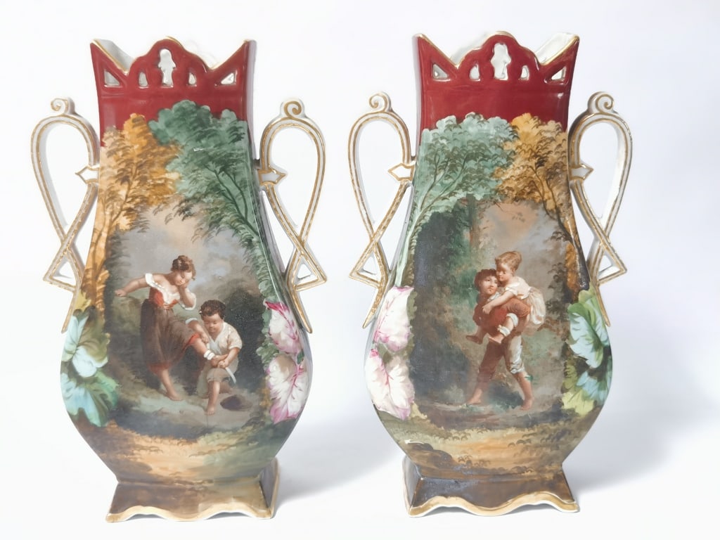 Antique French Style Hand-Painted Porcelain Vases: Antique French Style Hand-Painted Porcelain Vases, 12in