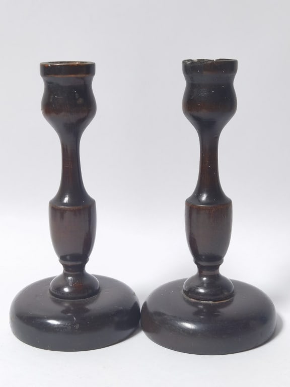 Pr. of Traditional Turned Wood Candlesticks: Pr. of Traditional Turned Wood Candlesticks, 7in by 3.5in