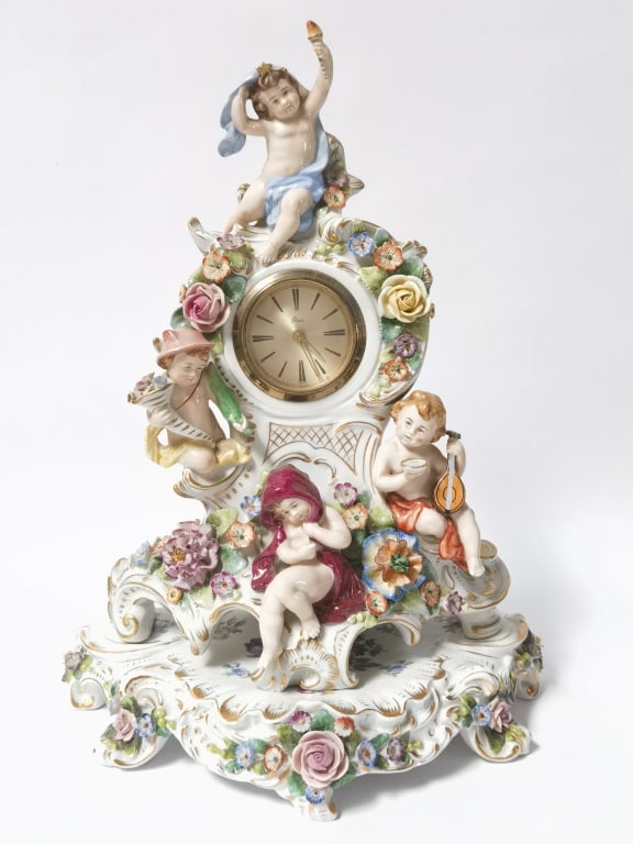 Vintage Artco Sitzendorf Porcelain Figural Table C: Vintage Artco Sitzendorf Porcelain Figural Table Clock, 14in by 10.5in by 6in