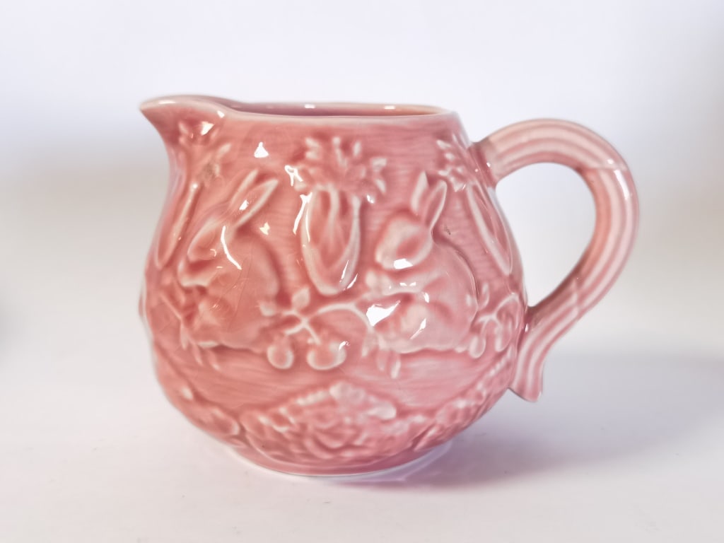 Bordallo Pinheiro Porcelain Pink Rabbit Creamer: Bordallo Pinheiro Porcelain Pink Rabbit Creamer, 5in by 4in