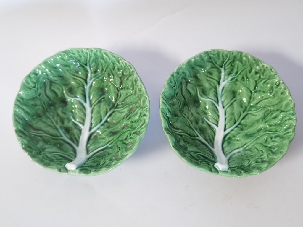 (2) Antique Bordallo Pinheiro Porcelain Green Cabb (1 of 3)