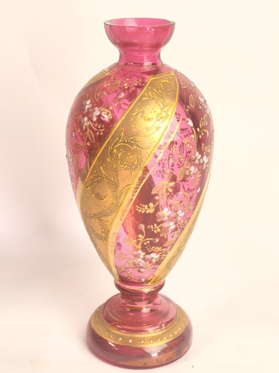 Vintage Moser Cranberry Glass & Gilt Baluster Vase (1 of 4)