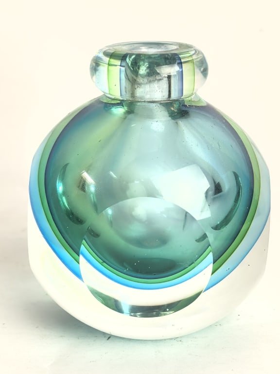 Vintage Murano Italy Faceted Sommerso Glass Bottle: Vintage Murano Italy Faceted Sommerso Glass Bottle, 4.25in by 3.5in by 3.5in