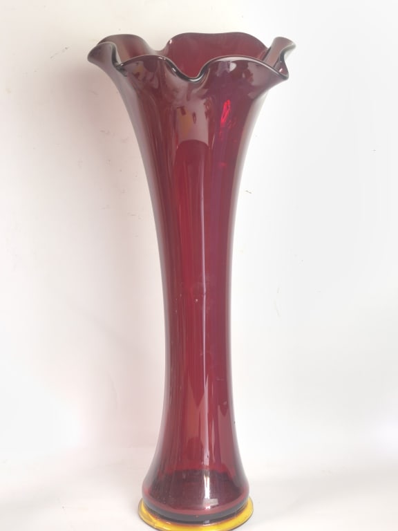 Large Mid-Century Ruby Red Ruffled Trumpet Vase (1 of 3)