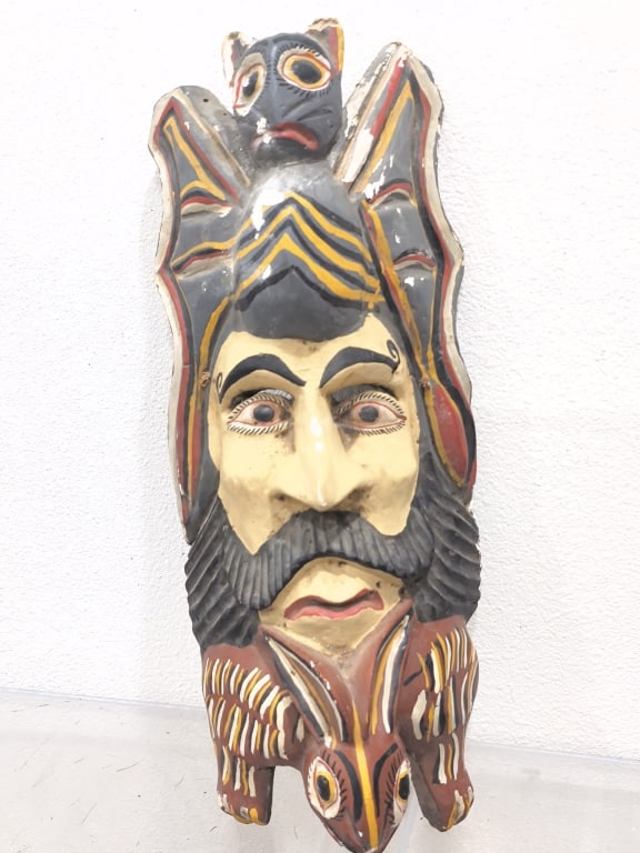 Vintage Mexican Folk Art Dance Mask with Bat Crest: Vintage Mexican Folk Art Dance Mask with Bat Crest, 23.5in by 9.5in by 7in