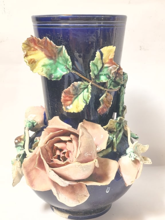 Antique French Cobalt Blue Barbotine Majolica Rose (1 of 13)
