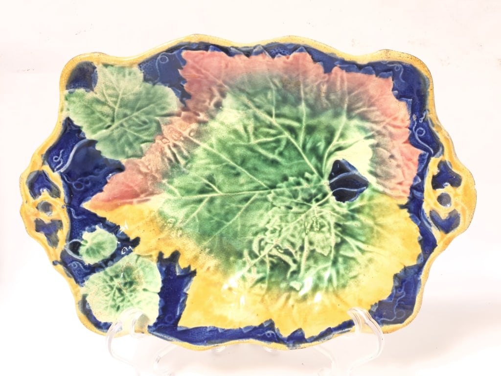 Antique French Barbotine Majolica Maple Plate: Antique French Barbotine Majolica Maple Plate, 11.75in by8.75in by 1.75in