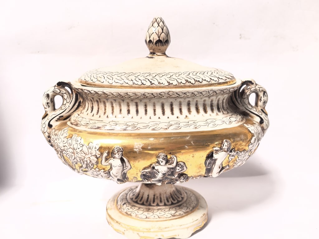 Vintage Capodimonte Italy Gilt Relief Footed Urn: Vintage Capodimonte Italy Gilt Relief Footed Urn, 10.5in by 9.75in by 5.5in