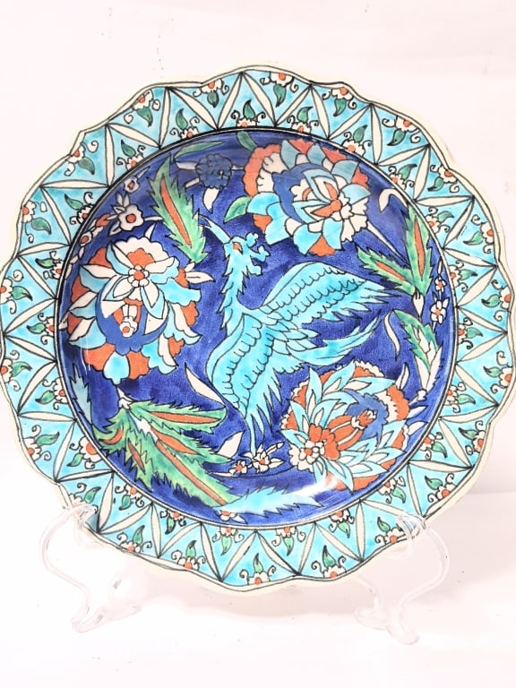 Vintage Turkish Iznik Style Polychrome "Simurgh" P: Vintage Turkish Iznik Style Polychrome "Simurgh" Plate, 10.25in