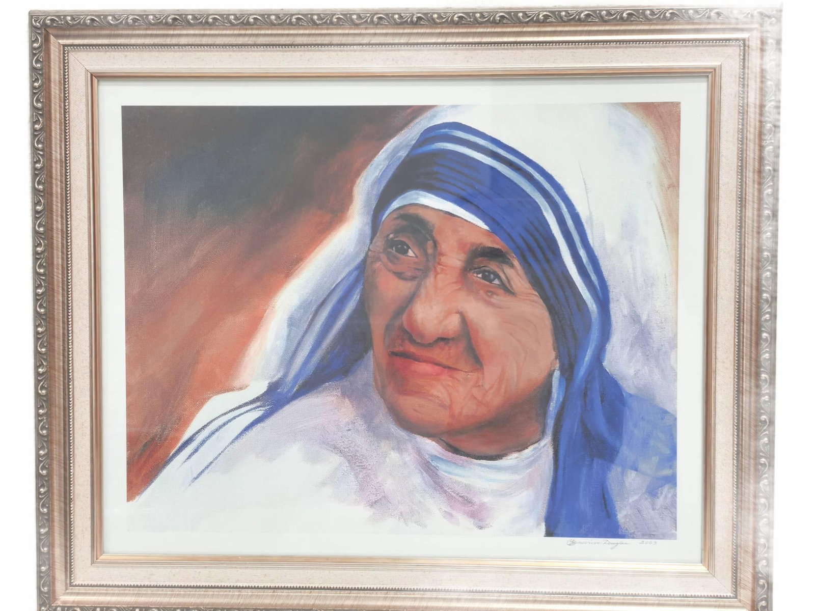 2003 Mother Teresa Portrait by Genevieve Douglas: Framed signed painting of Mother Teresa by Genevieve Douglas, dated 2003. 24in by 20in